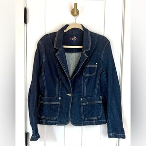 Y2K Boutique Dark Wash Denim Jacket Silver Crest Buttons Contrast Stitch Size L